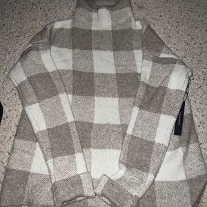 Cream and tan plaid sweater mock neck